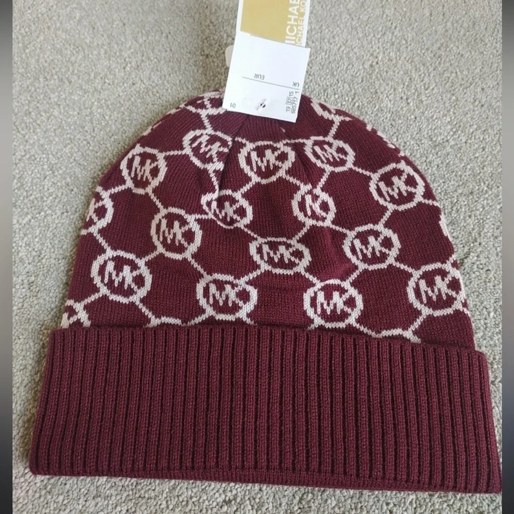 Michael Kors Rib Knit Beanie All-Over MK Print Burgundy White One Size NWT